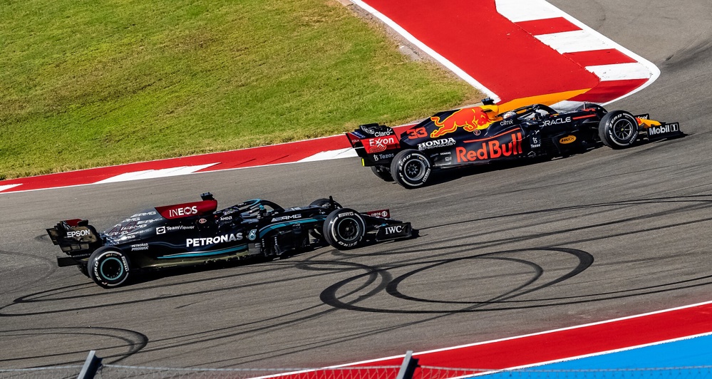 Hamilton (left) and Verstappen (right), pictured at the United States Grand Prix, frequently exchanged the championship lead throughout the 2021 season, and entered the final round equal on points