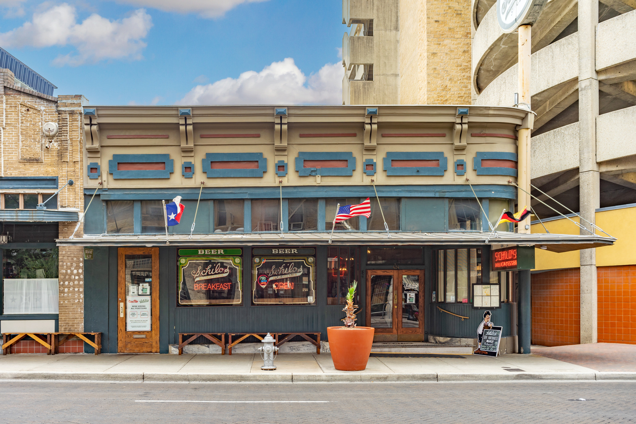 Street view of Schilo's German Texan Restaurant, the oldest restaurant in San Antonio, Texas